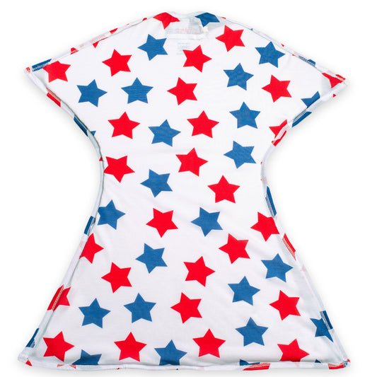 Sleeping Baby Zipadee Zip Swaddle Transition Baby Sleepsuit Blue and Red Stars Lightweight